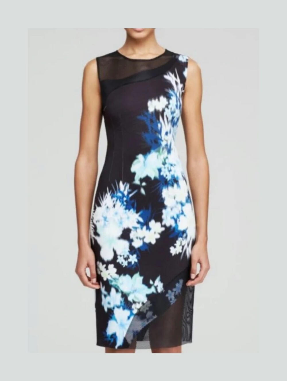 Elie Tahari Black & Blue Floral Neoprene Mesh Dress size 10